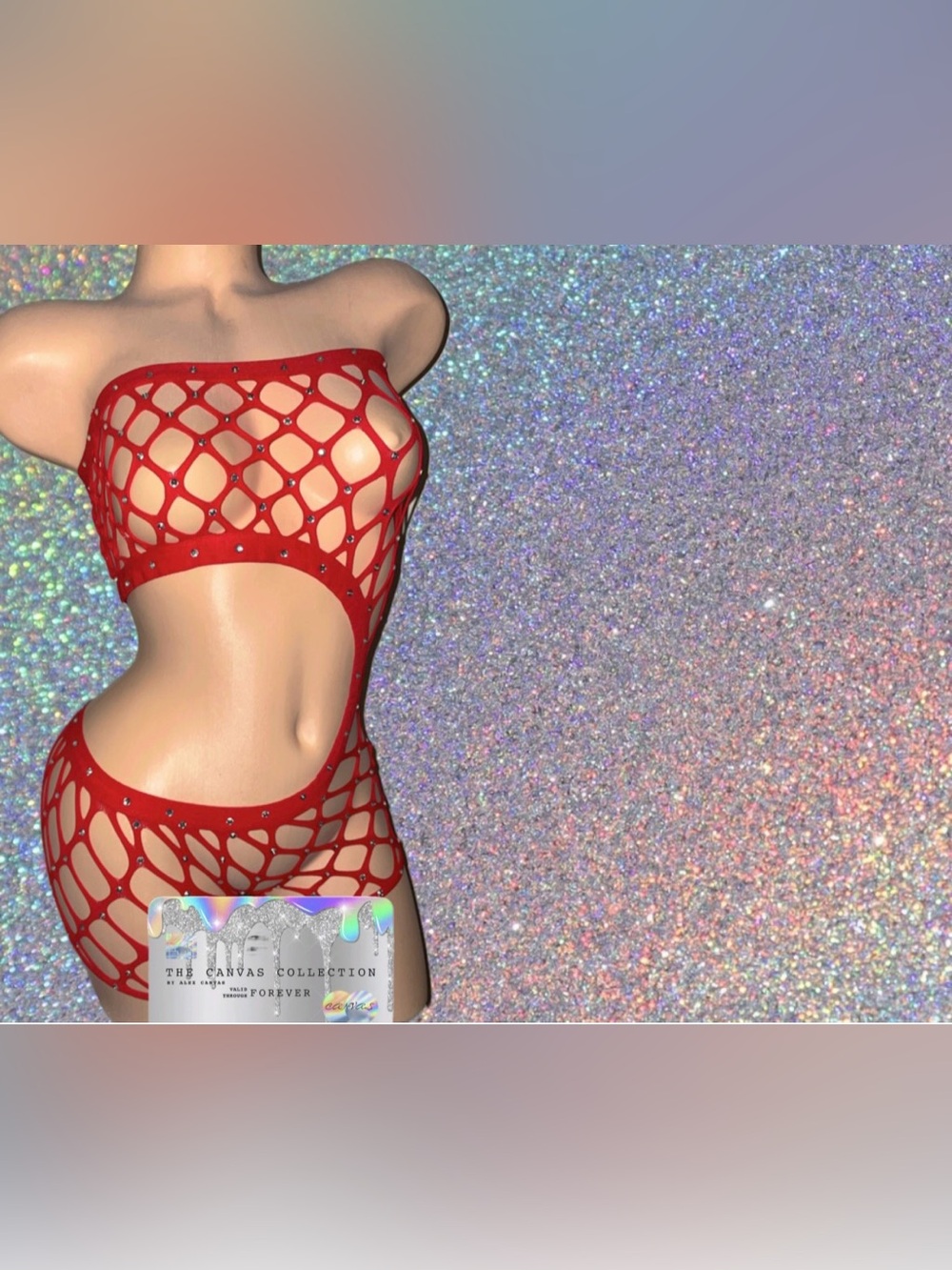 EXOTIC DANCEWEAR: Red Fishnet Cutout Bodysuit with rhinestones & pasties